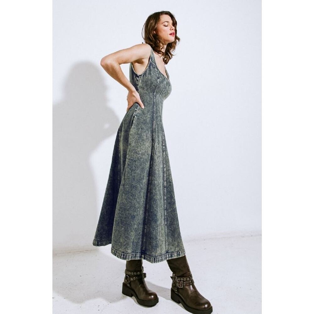 FREEMARKET Denim Acid Size Medium Washed Midi Dress - Picture 2 of 4